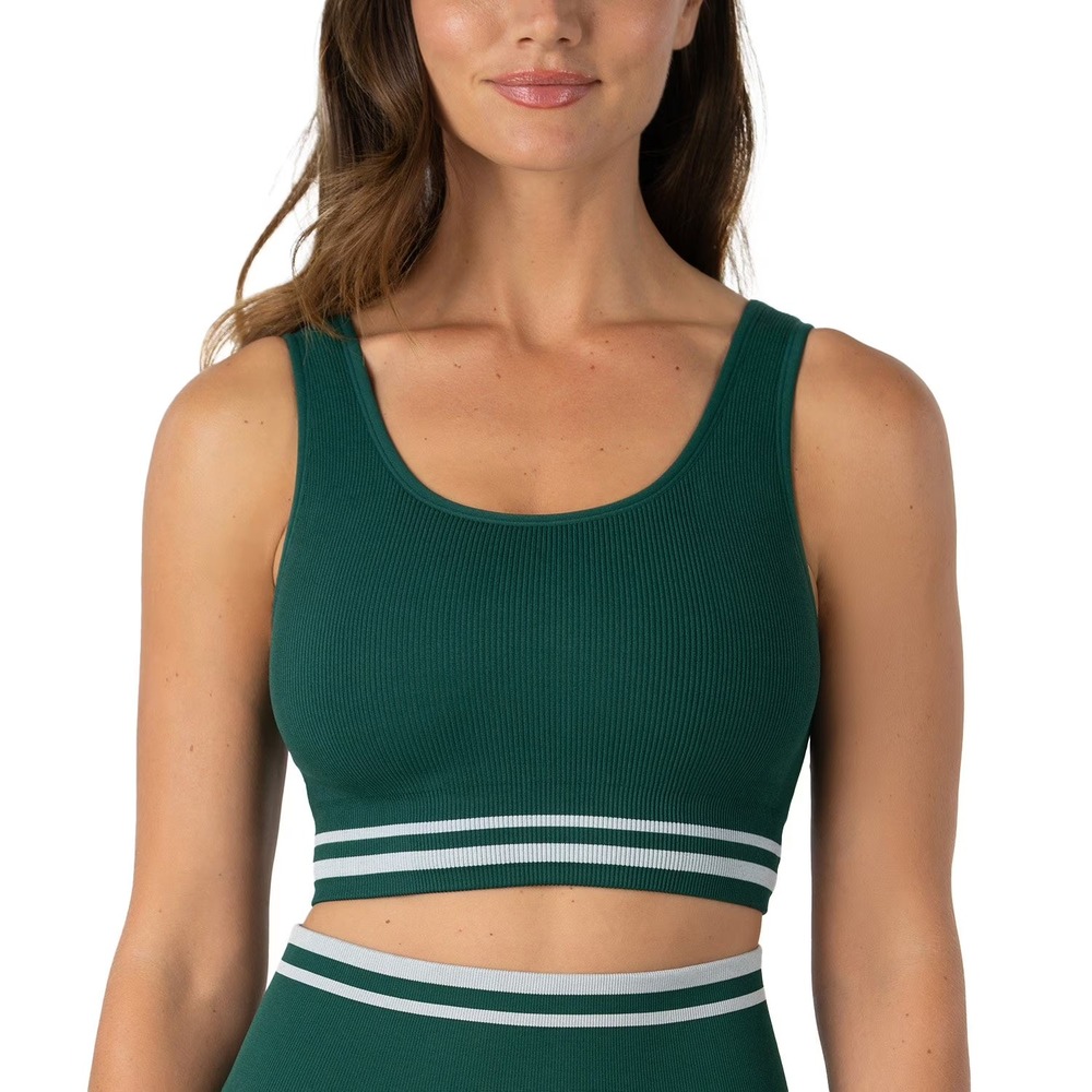 Penn Womens Seamless Reversible Sports Bra Green Striped Ribbed Wireless Size M